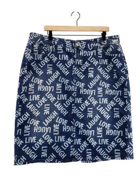 Blue Denim Skirt Knee Length 18 Ashley Stewart Graphic LAUGH LOVE LIVE A-Line